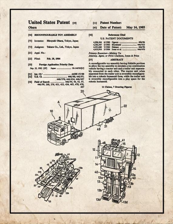 Transformers Optimus Prime Patent Print
