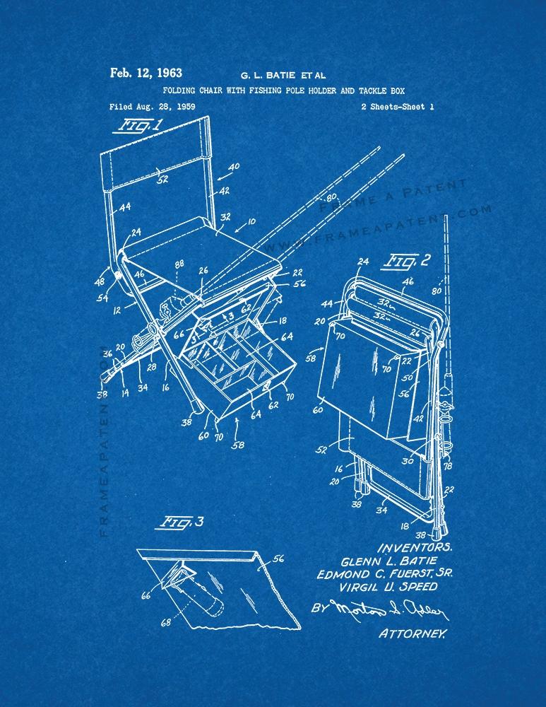 Folding Chair With Fishing Pole Holder and Tackle Box Patent Print Poster  Item#15579: Frame a Patent