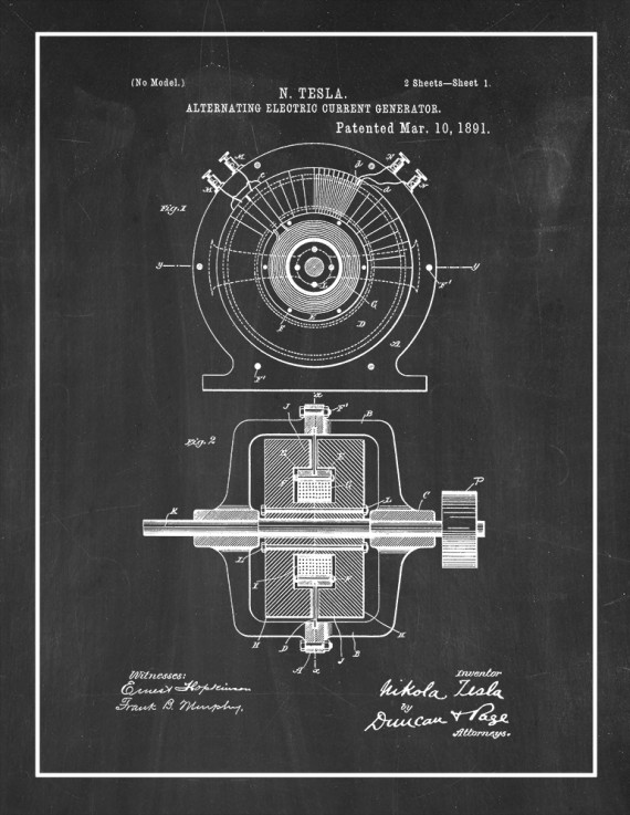 Tesla Alternating Electric Current Generator Patent Print