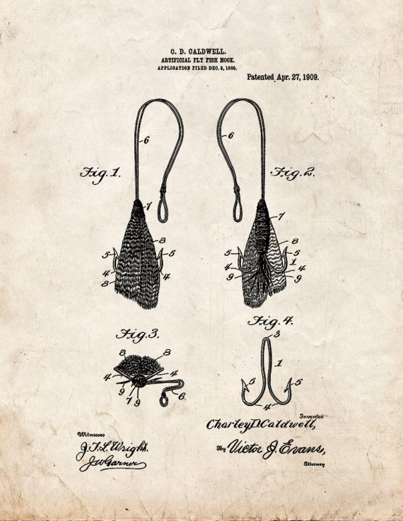 1905 Artificial Fly Fish Hook Patent Print, Fisherman Gift, Tackle