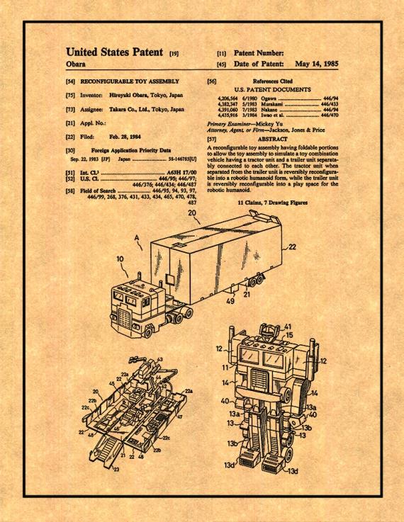 Transformers Optimus Prime Patent Print