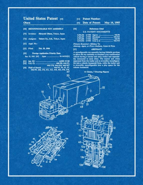 Transformers Optimus Prime Patent Print