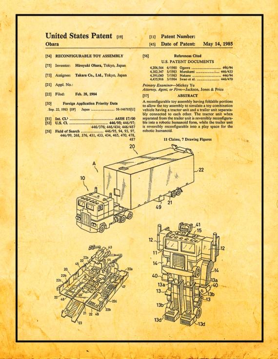 Transformers Optimus Prime Patent Print